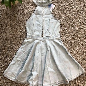 Bluefaith XS Denim Deep Plunge Neck Halter Dress